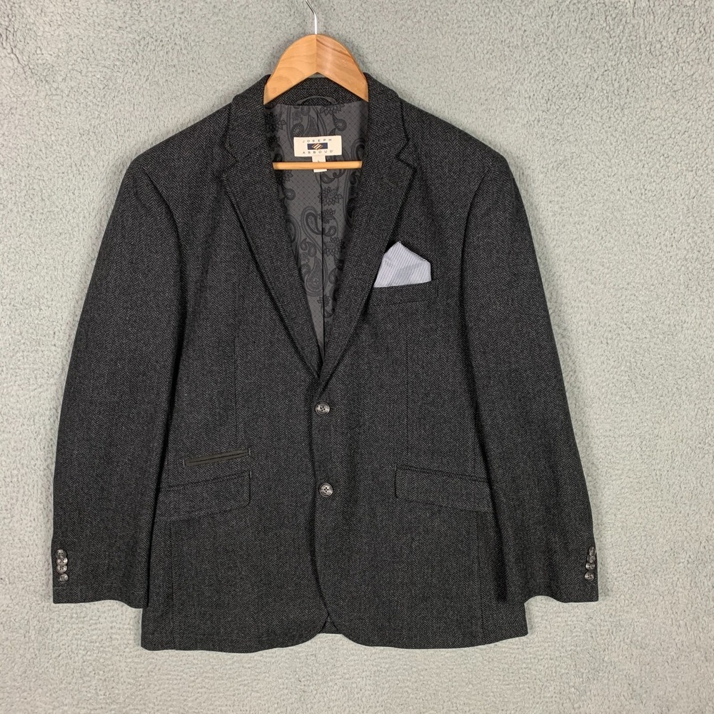 Joseph Abboud Sport Coat Mens Large Charcoal Wool Blend Herringbone Tweed Blazer